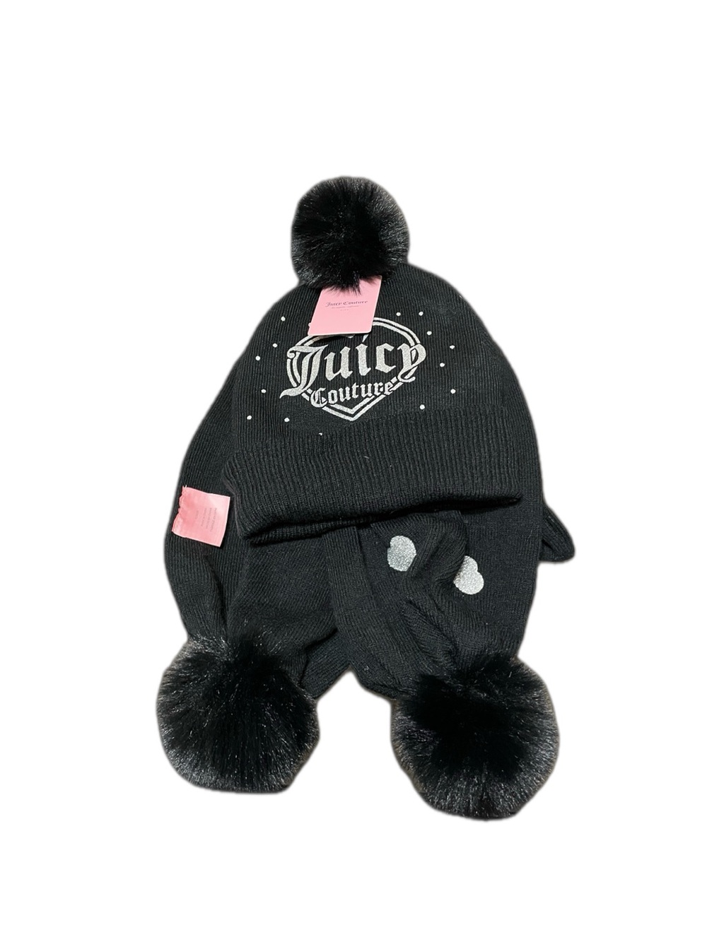 Juicy Couture
Black children's set with hat, pom-pom scarf, and sparkly heart